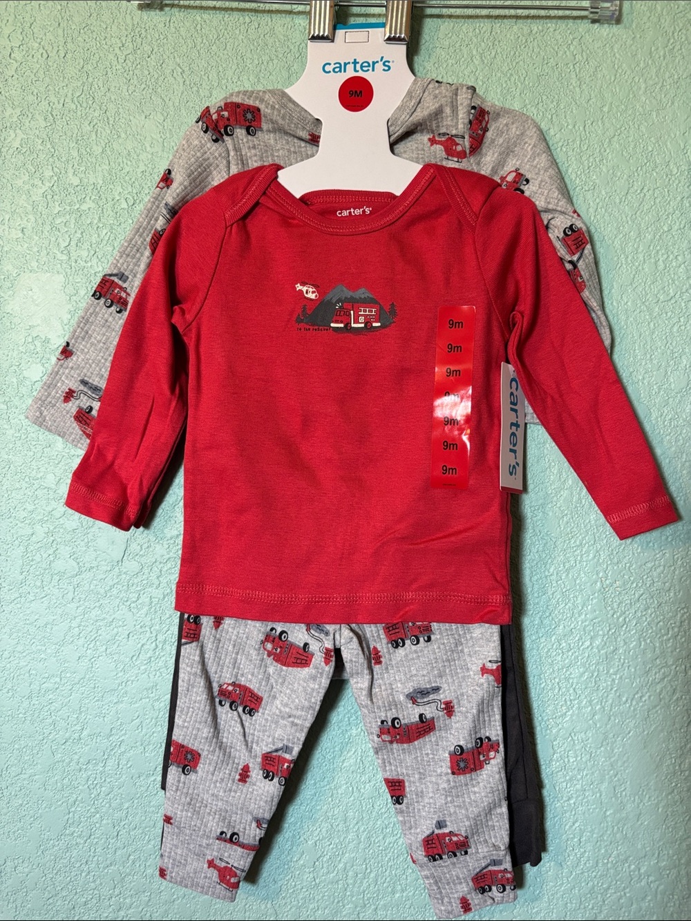 Carter's boys 4 piece long sleeve set fire truck print red 9 mos and 18 mos NWT